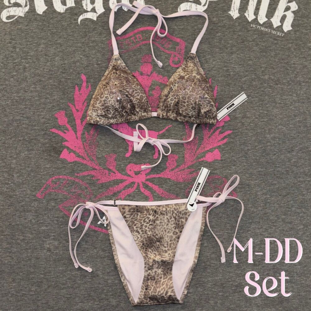 Victoria’s Secret PINK Leo Haze Rhinestone Bling Shine String Bikini Set M-DD